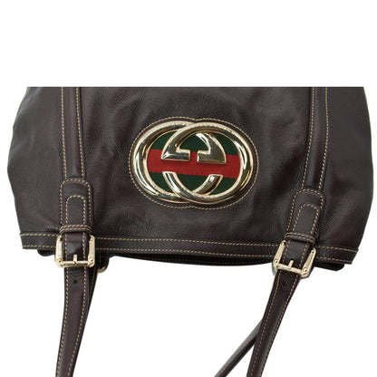 GUCCI Britt Leather Tote Bag Dark Brown 162094
