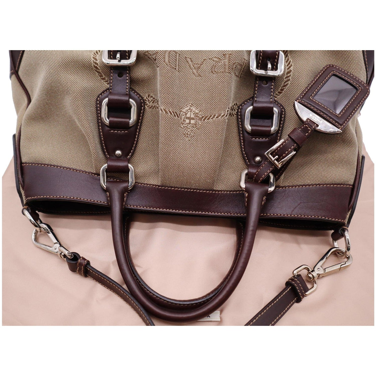 PRADA Jacquard Logo Canvas Leather Tote Shoulder Bag Beige