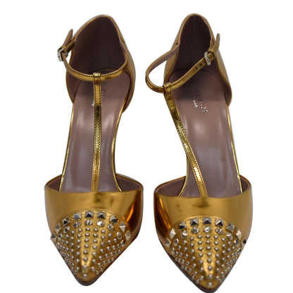 GUCCI Studded T-Strap Metallic Leather Heel Pumps Gold Size 39 1/2