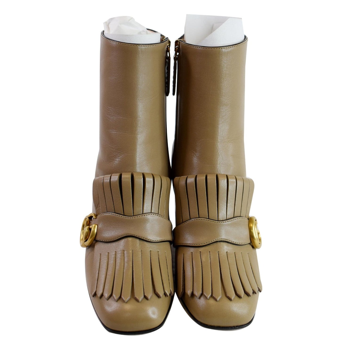 GUCCI GG Marmont Fringed Leather Ankle Boots Taupe 408210 US 8