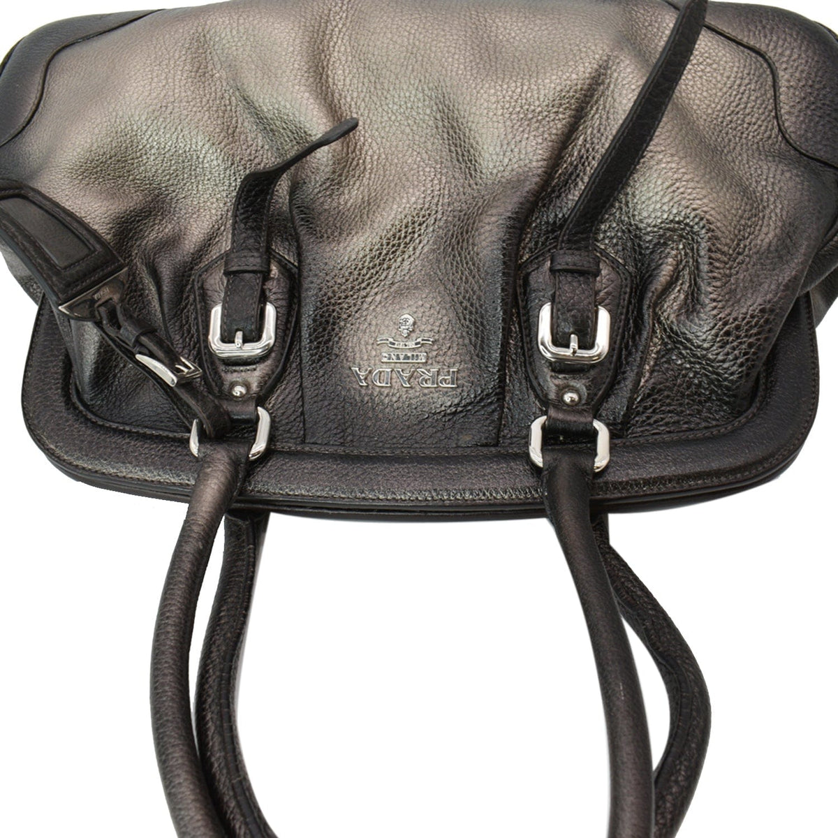 PRADA Gradient Antik Frame Leather Satchel Bag Bronze Metallic