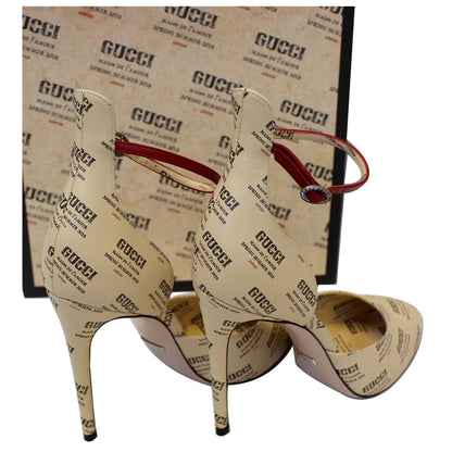 GUCCI Invite Stamp Print Apollo Pumps Beige Size 38