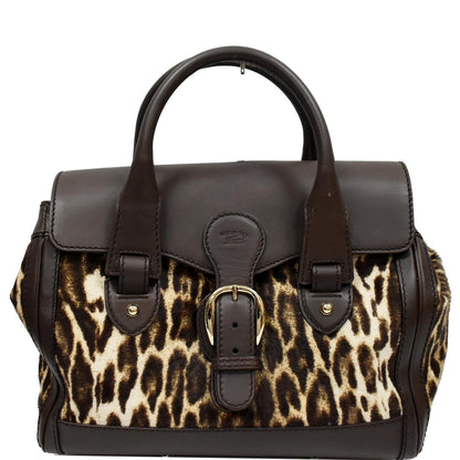 GUCCI Heritage Medium Pony Hair Leopard Print Leather Boston Bag Brown