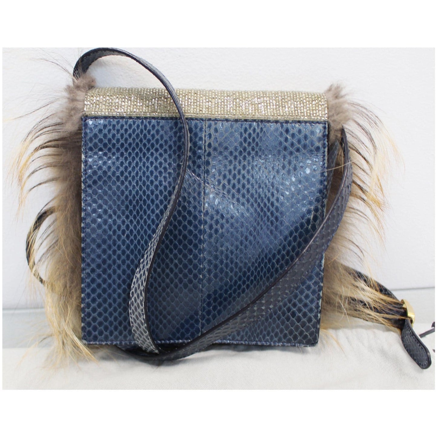 FENDI Daisy Beaded Snakeskin Fox Fur Trim Crossbody Clutch Bag Blue - Final Sale