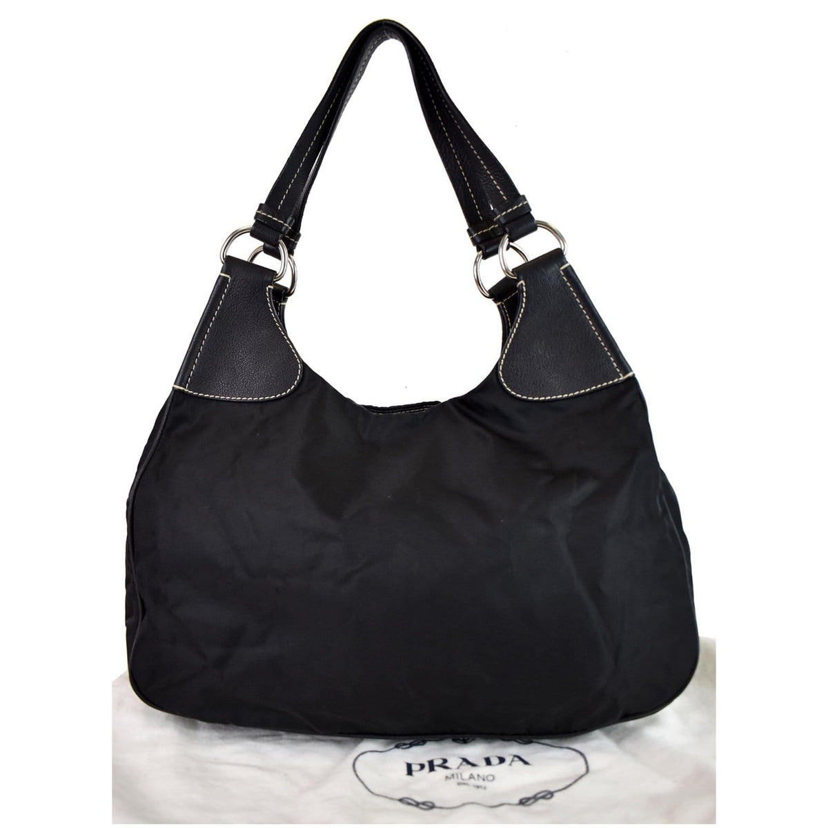PRADA  Nylon Leather Strap Hobo Bag Black