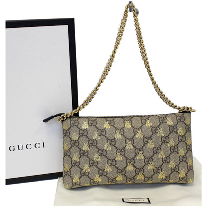 GUCCI Linea Bee GG Supreme Wristlet Handbag Beige/Gold