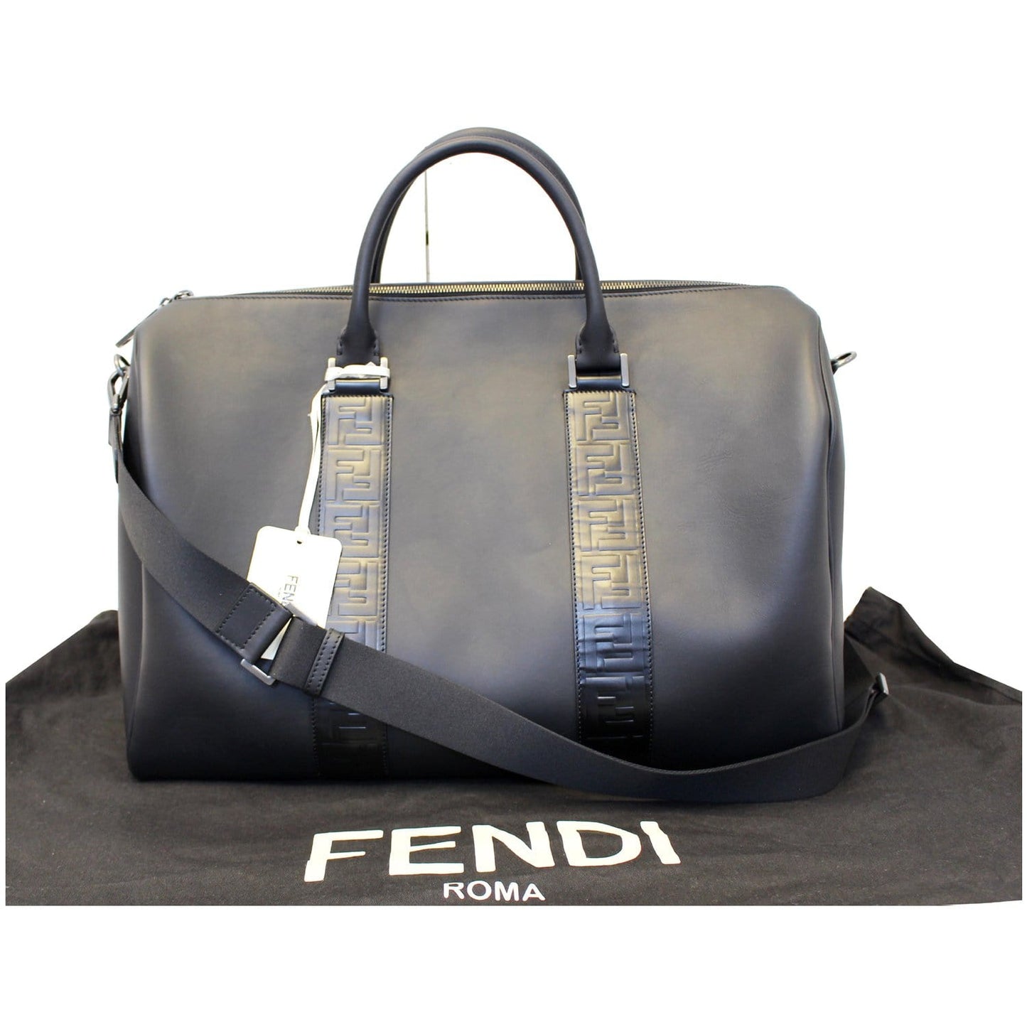 FENDI Black Leather Weekender Satchel Shoulder Bag