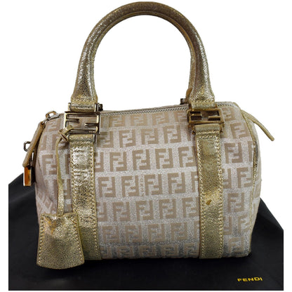 FENDI Selleria Zucca Canvas Leather Boston Bag Gold