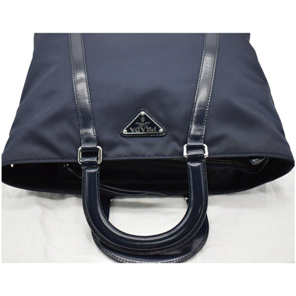 PRADA Nylon Leather Shopping Tote Shoulder Bag Dark Blue