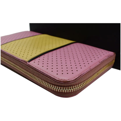 PRADA Striped Perforated Saffiano Leather Zip Around Wallet Pink/Yellow