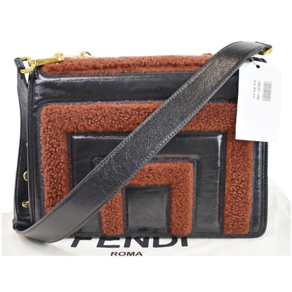 FENDI Kan U Medium Shearling Patent Leather Shoulder Bag Brown