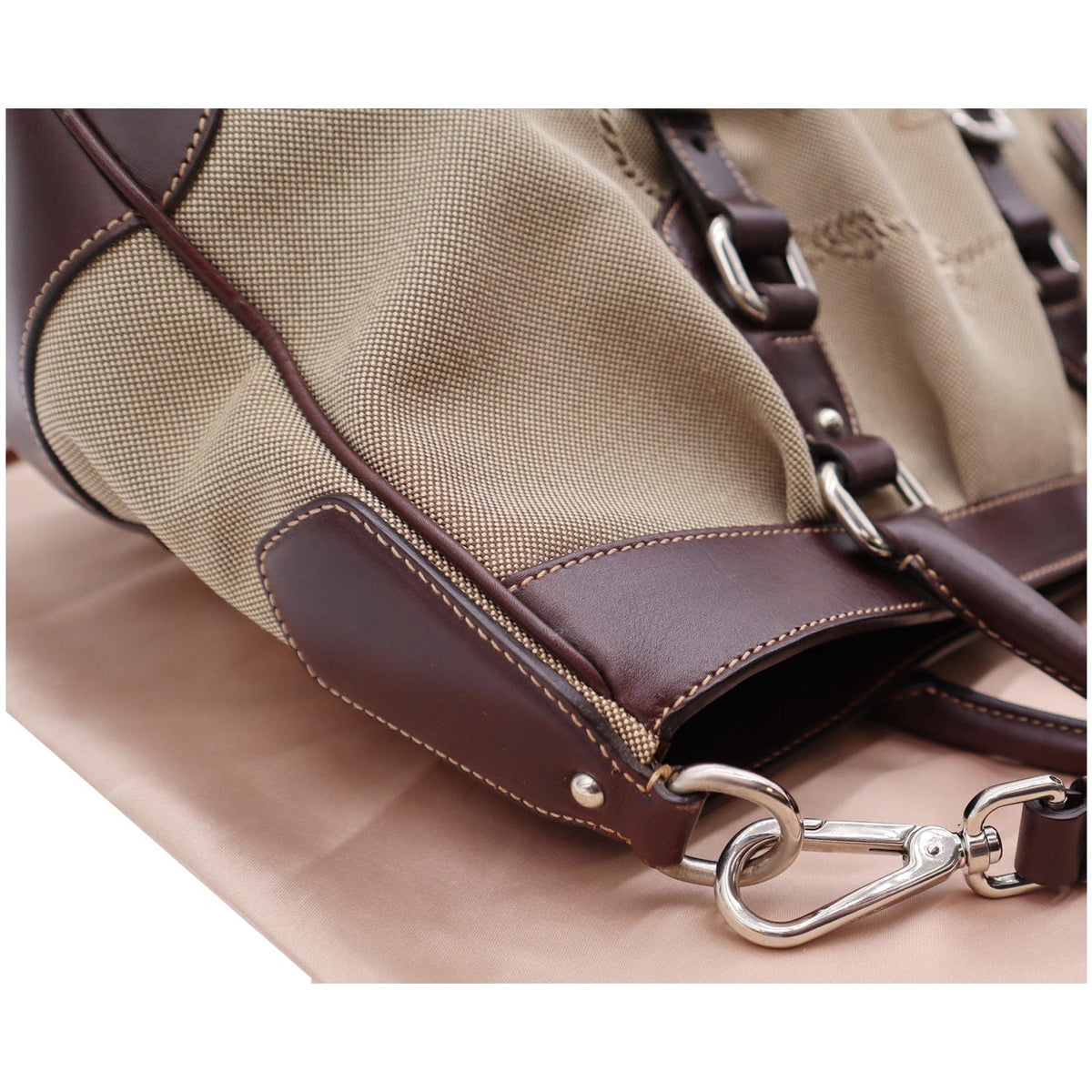 PRADA Jacquard Logo Canvas Leather Tote Shoulder Bag Beige