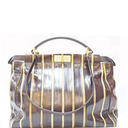 FENDI Peekaboo Striped Eel Skin Leather Shoulder Bag Brown
