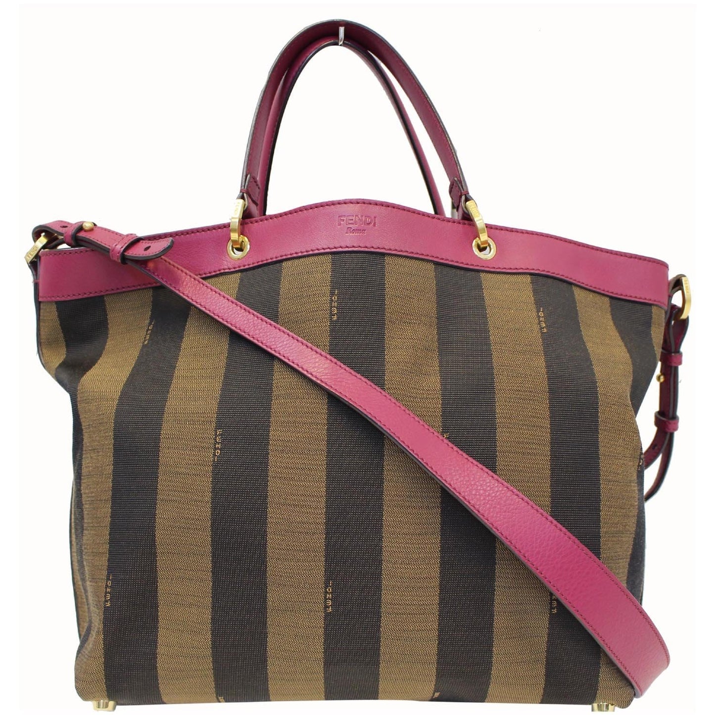FENDI Tobacco Pequin Stripe Canvas Large Tote Bag Magenta