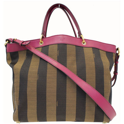 FENDI Tobacco Pequin Stripe Canvas Large Tote Bag Magenta