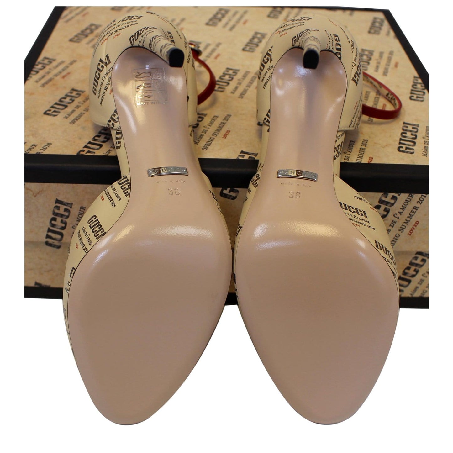 GUCCI Invite Stamp Print Apollo Pumps Beige Size 38