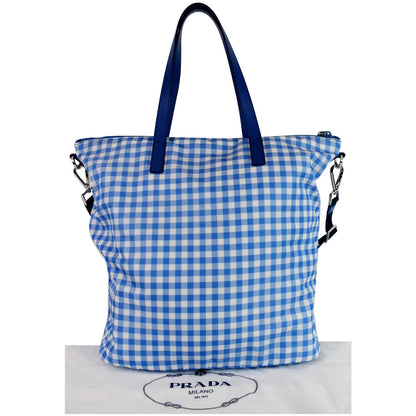 PRADA Textured Nylon Check Tote Shoulder Bag Blue