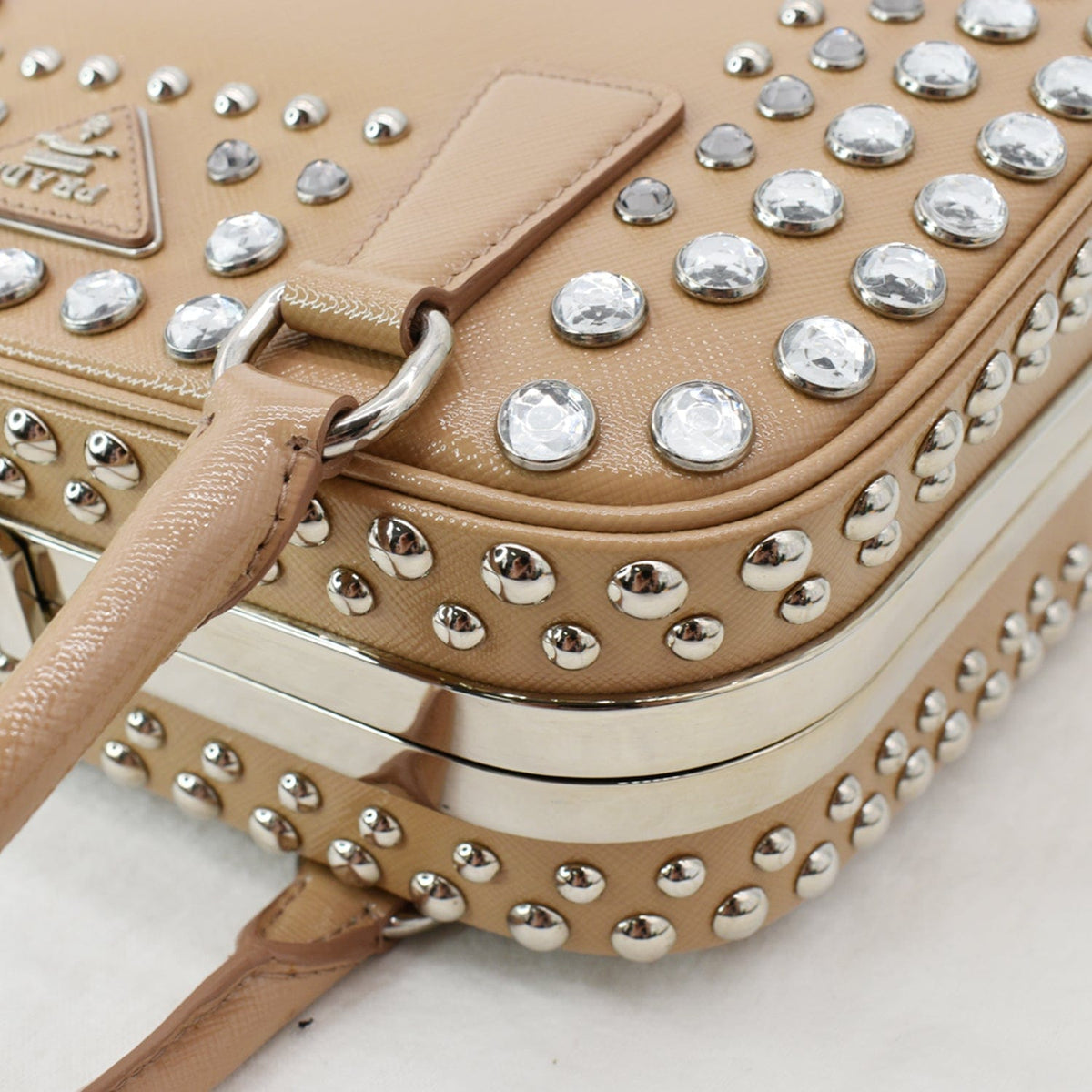 PRADA Vernice Crystal Small Frame Studded Saffiano Leather Top Handle Bag Beige