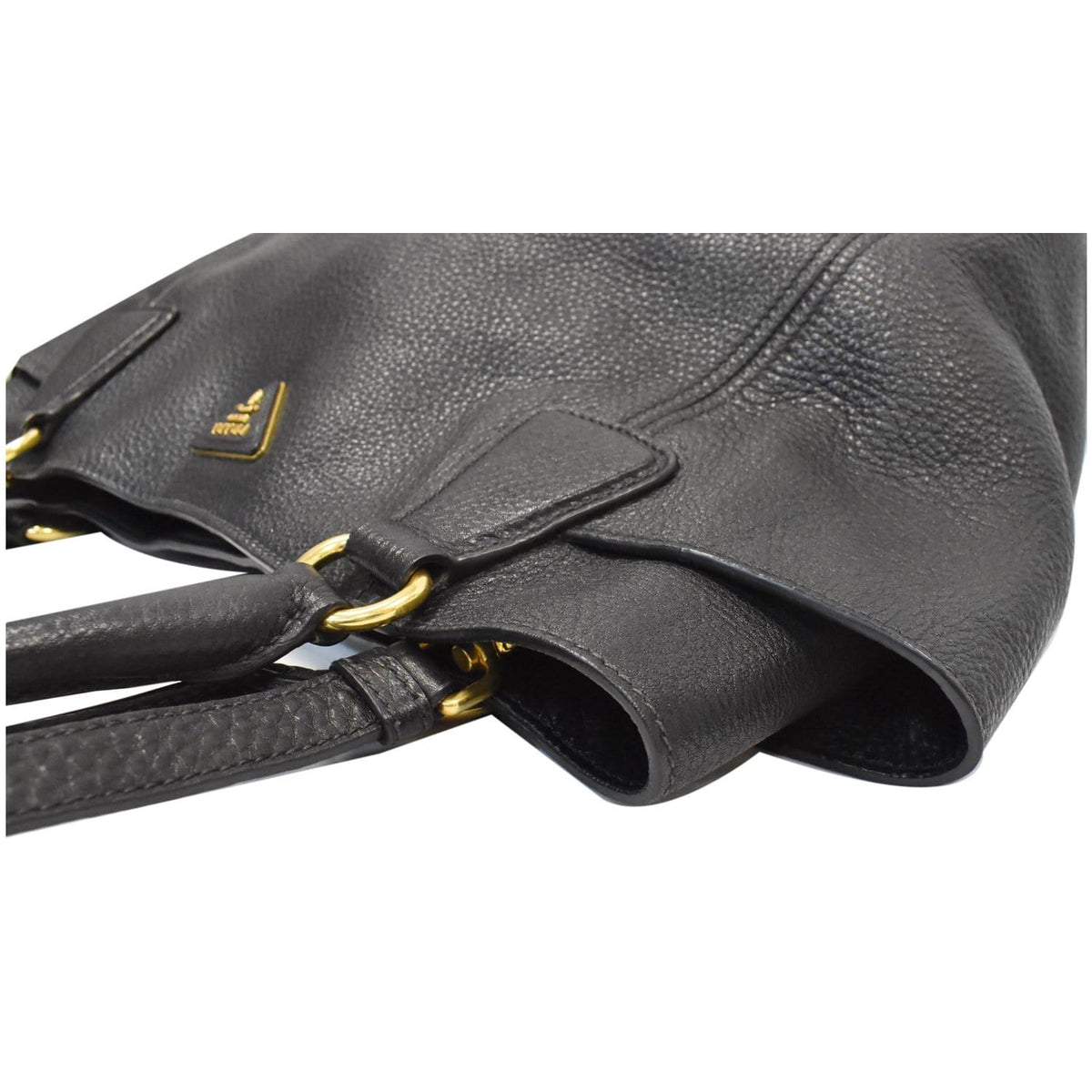 PRADA Vitello Daino Side-Pocket Leather Tote Shoulder Bag Black