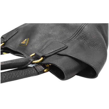 PRADA Vitello Daino Side-Pocket Leather Tote Shoulder Bag Black