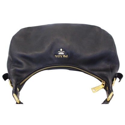 PRADA Vitello Daino Leather Hobo Bag Black