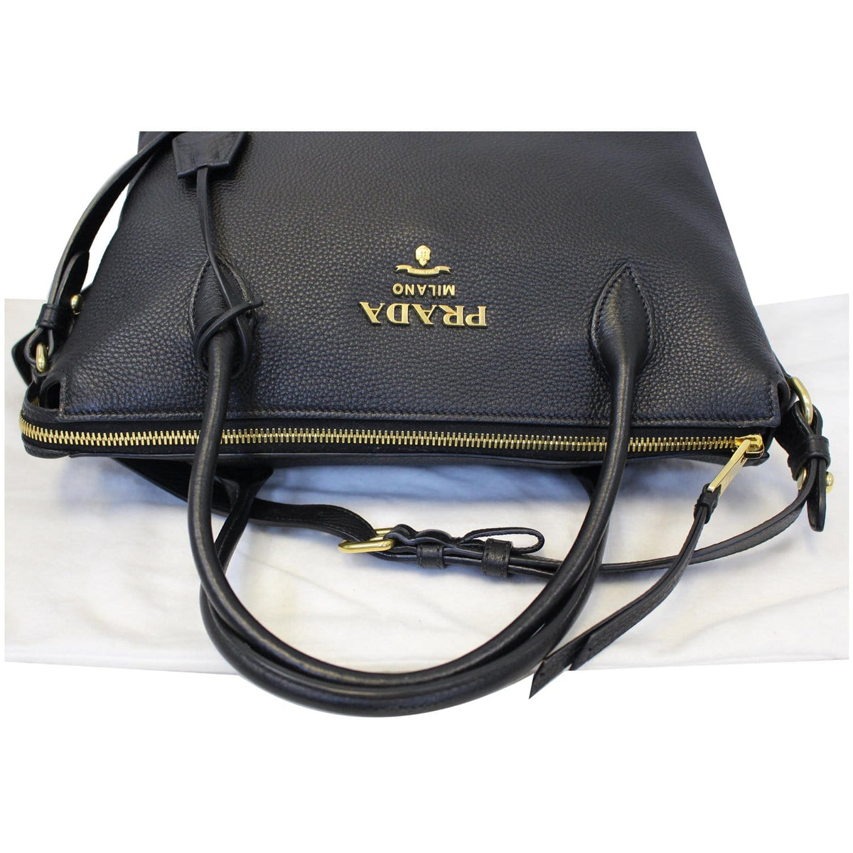 PRADA Daino Medium Leather Tote Shoulder Bag Black