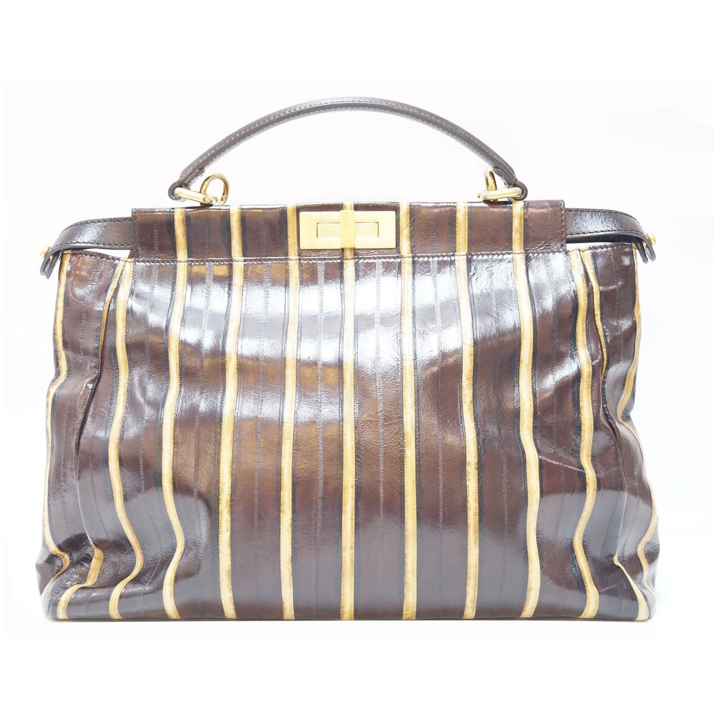 FENDI Peekaboo Striped Eel Skin Leather Shoulder Bag Brown