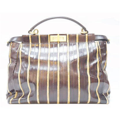 FENDI Peekaboo Striped Eel Skin Leather Shoulder Bag Brown