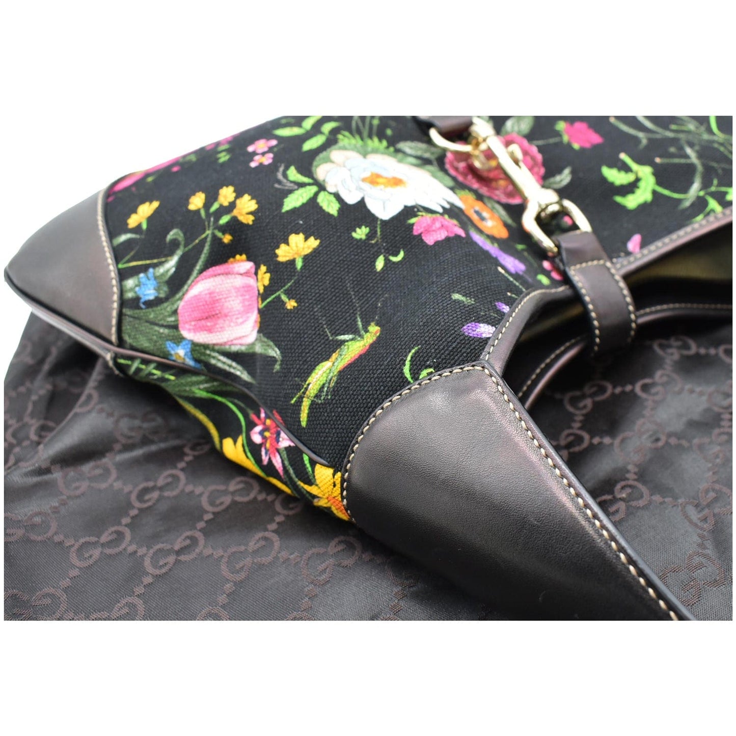 GUCCI Flora Jackie O Bouvier Floral Printed Canvas Hobo Bag Black 153029 - 15% OFF