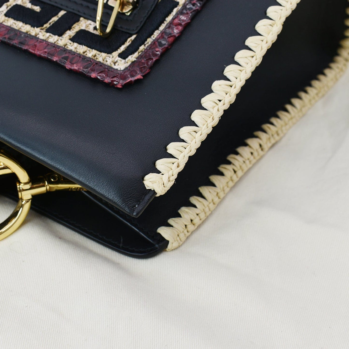 FENDI Raffia Embroidered Python Leather Shoulder Bag Black