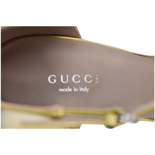 GUCCI Studded T-Strap Metallic Leather Heel Pumps Gold Size 39 1/2