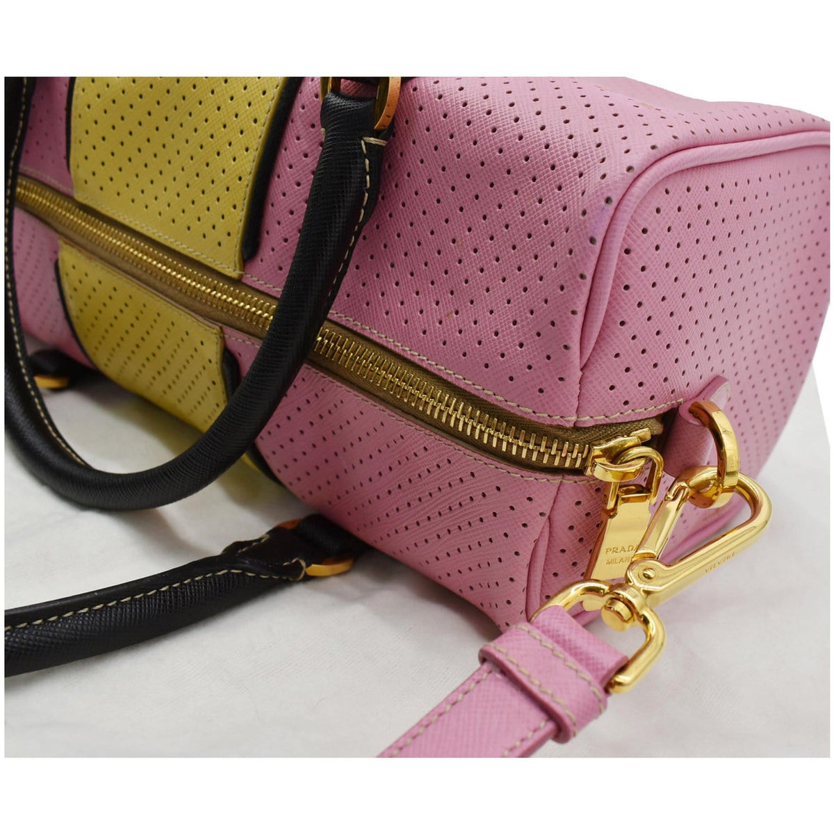 PRADA Bowling Perforated Saffiano Leather Satchel Bag Pink/Yellow