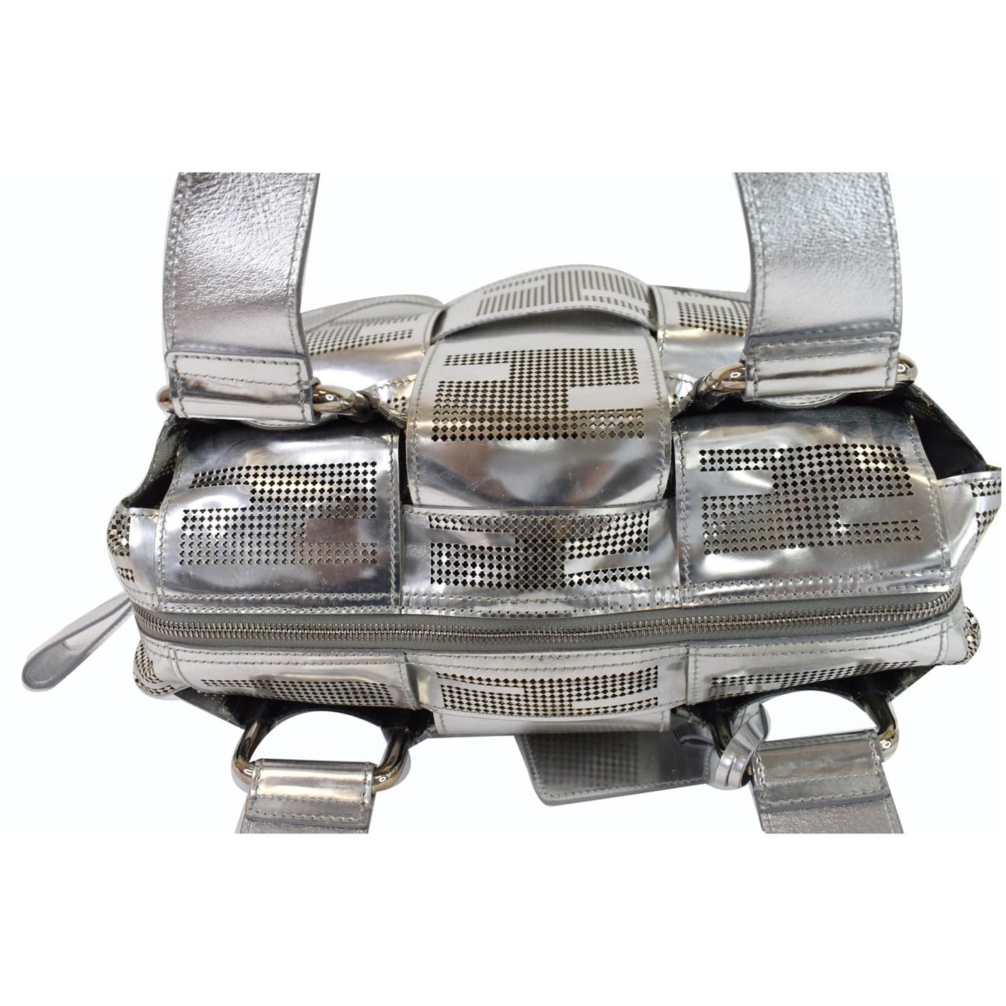 FENDI Crossword Metallic Perforated Leather Shoulder Bag Silver