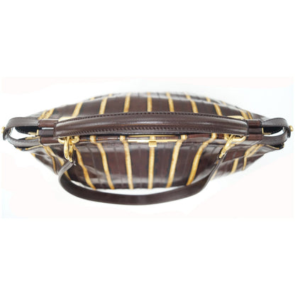 FENDI Peekaboo Striped Eel Skin Leather Shoulder Bag Brown