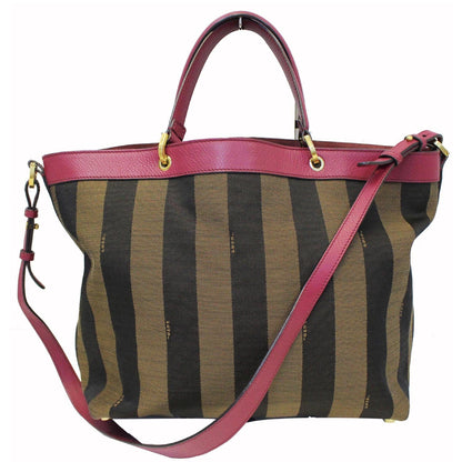 FENDI Tobacco Pequin Stripe Canvas Large Tote Bag Magenta