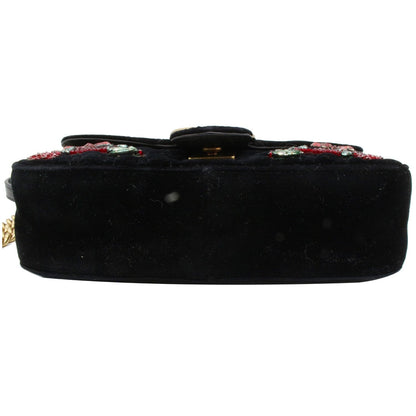 Gucci GG Marmont Floral Gems Mini Velvet Matelasse Embroidered Shoulder Bag Black