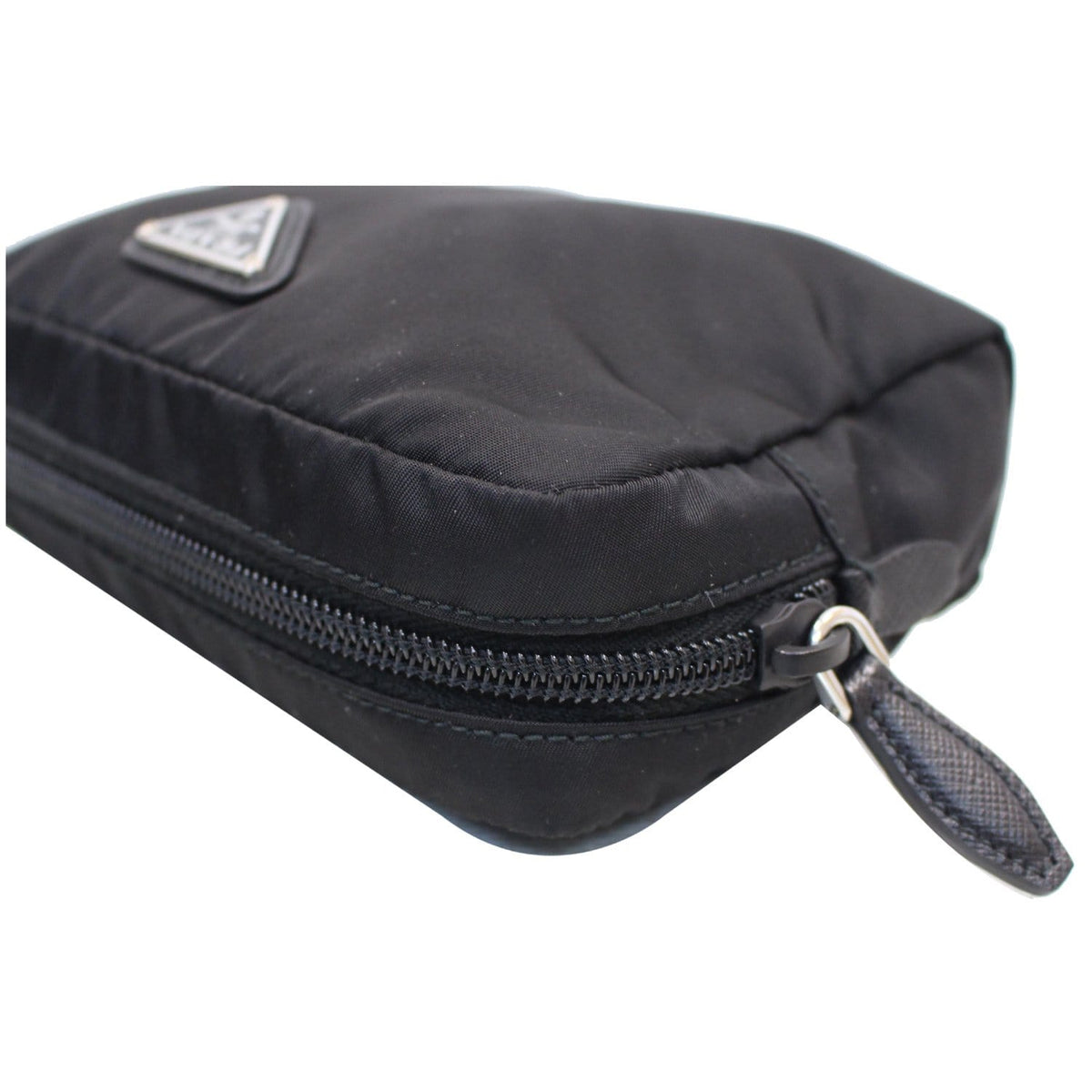 PRADA Logo Round Edge Nylon Cosmetic Wristlet Pouch Black 1NE021
