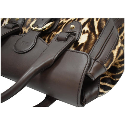 GUCCI Heritage Medium Pony Hair Leopard Print Leather Boston Bag Brown