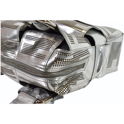 FENDI Crossword Metallic Perforated Leather Shoulder Bag Silver