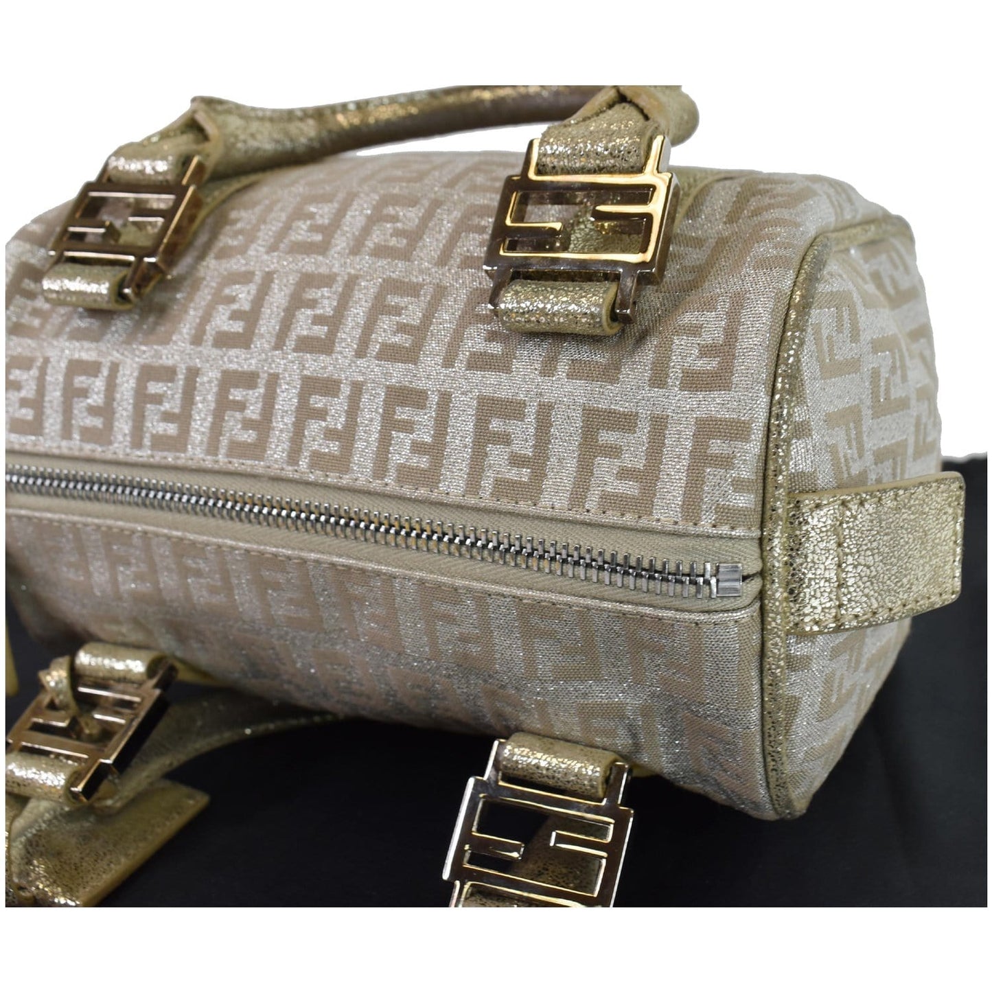 FENDI Selleria Zucca Canvas Leather Boston Bag Gold