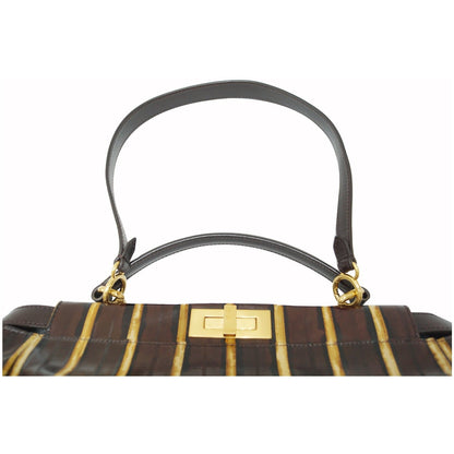 FENDI Peekaboo Striped Eel Skin Leather Shoulder Bag Brown