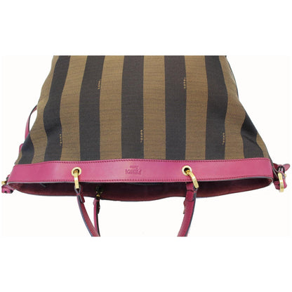 FENDI Tobacco Pequin Stripe Canvas Large Tote Bag Magenta