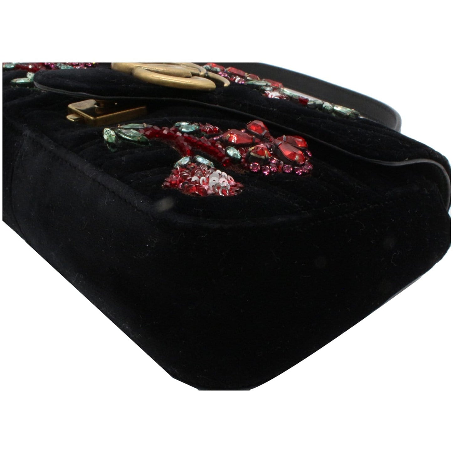 Gucci GG Marmont Floral Gems Mini Velvet Matelasse Embroidered Shoulder Bag Black