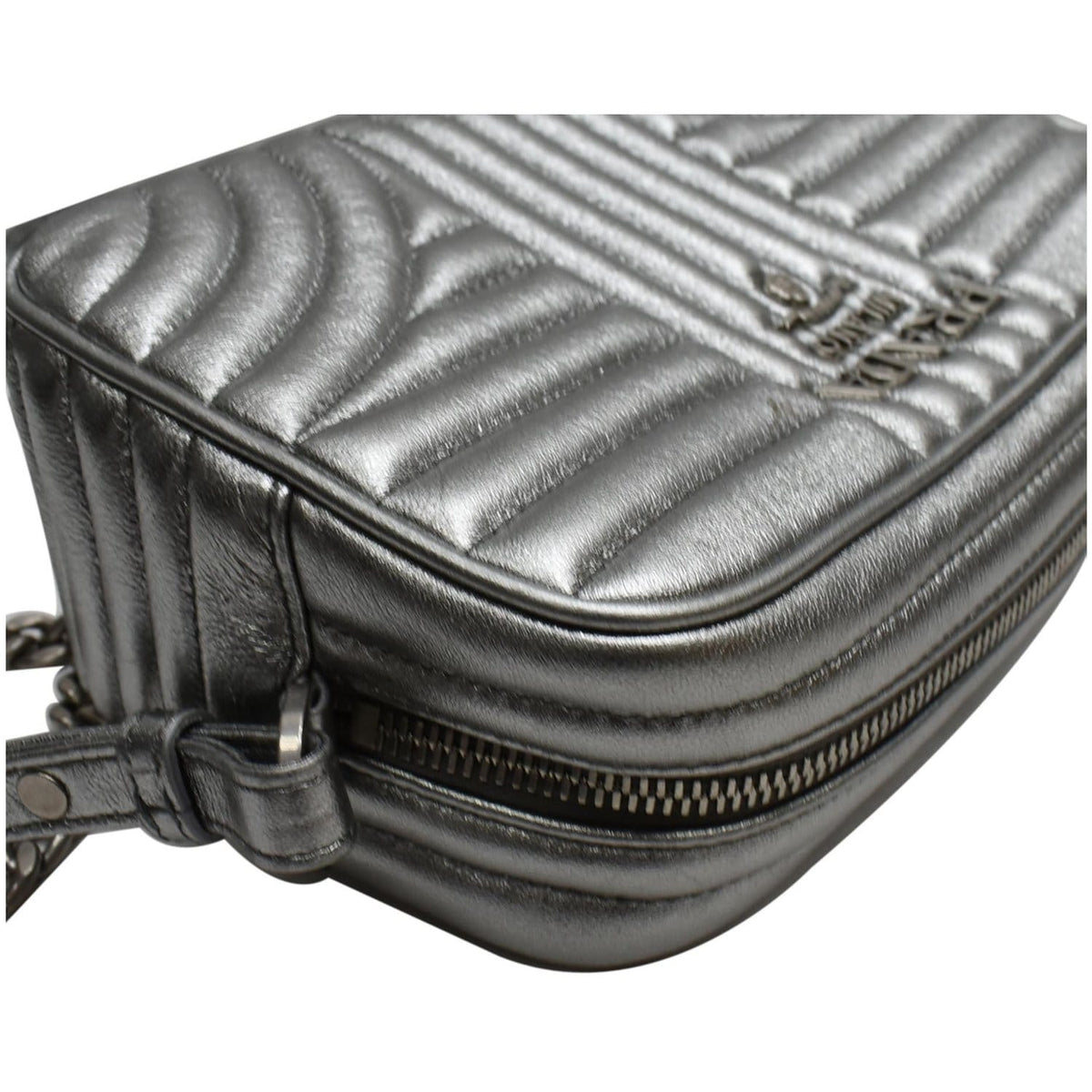 PRADA Diagramme Leather Crossbody Bag Metallic Silver