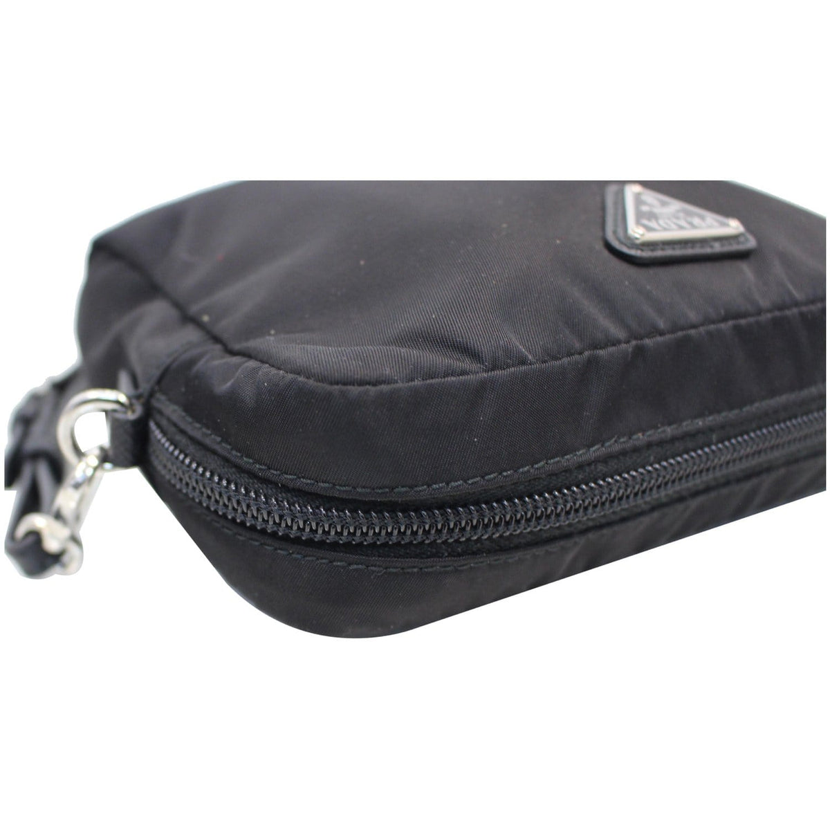 PRADA Logo Round Edge Nylon Cosmetic Wristlet Pouch Black 1NE021