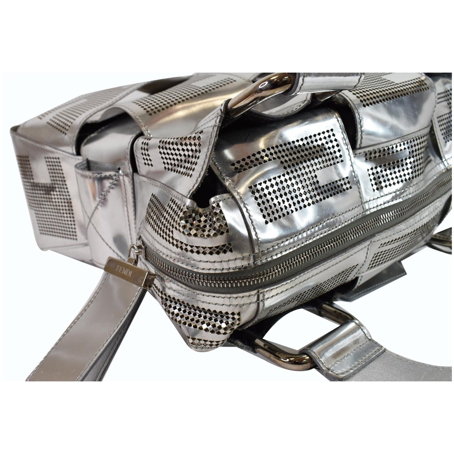FENDI Crossword Metallic Perforated Leather Shoulder Bag Silver
