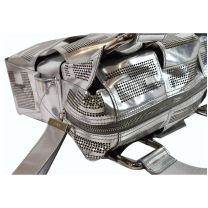 FENDI Crossword Metallic Perforated Leather Shoulder Bag Silver