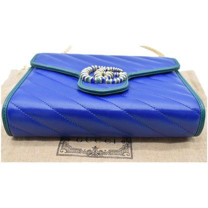 GUCCI GG Marmont Mini Matelasse Leather Chain Crossbody Bag Blue 573807