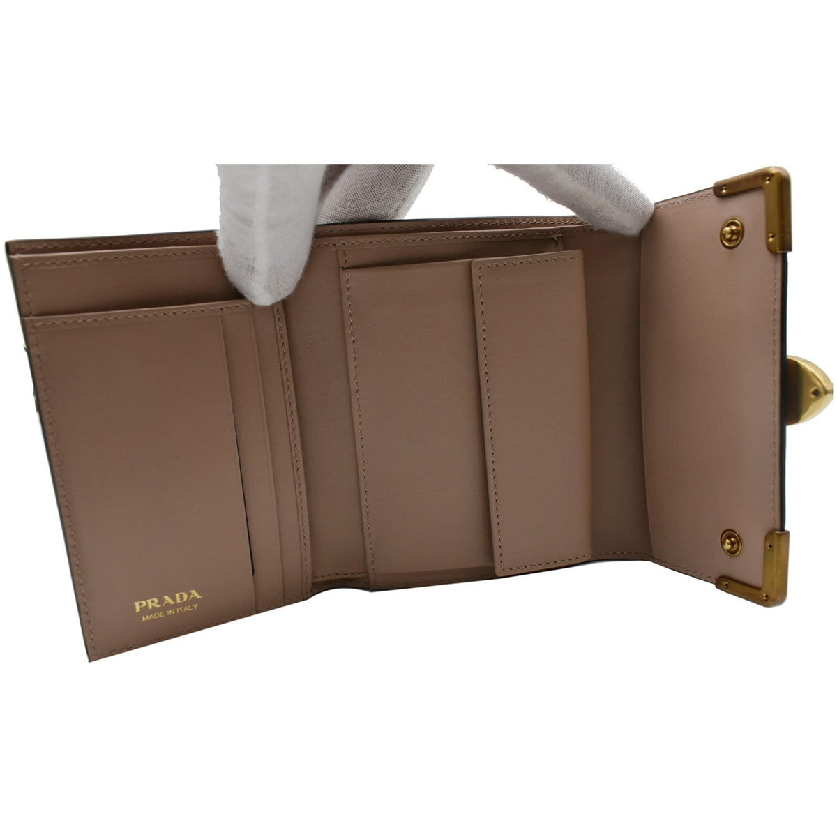 PRADA Cahier Saffiano French Compact Flap Wallet Beige