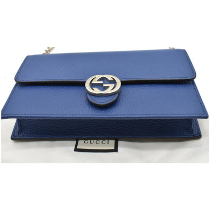 GUCCI Dollar Interlocking G Calfskin Leather Chain Wallet Crossbody Bag Blue 510314